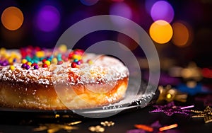 Happy Mardi Gras poster. Ein Hefekuchen, a bright colourful dessert on dark blurred background