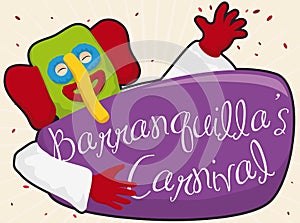 Happy Marimonda Character with Confetti and Sign Celebrating Barranquilla`s Carnival, Vector Illustration