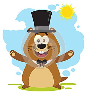Happy Marmot Cartoon Mascot Character Wearing A Hat And Welcoming Under Sunshine
