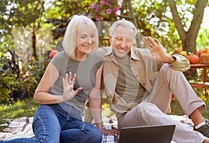 Happy married senior couple using laptop computer and video calling family, sitting on picnic blanket in garden