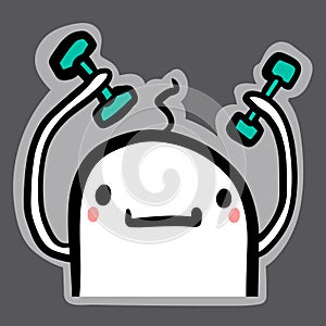 Happy marshmallow going to gym hand drawn sticker illustration in cartoon style