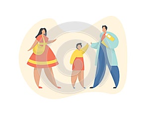 Happy mather and kids visiting pediatrician. Flat illustration