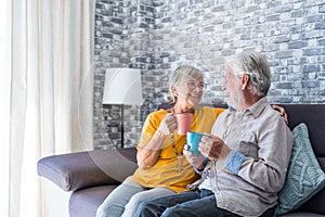 Happy mature 50s husband and wife sit rest on comfortable sofa in living room enjoy tea talking, smiling elderly 60s couple relax