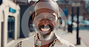 Happy, mature and black man with city, face and smile for joy, fun and excitement. Trendy senior musician, urban and