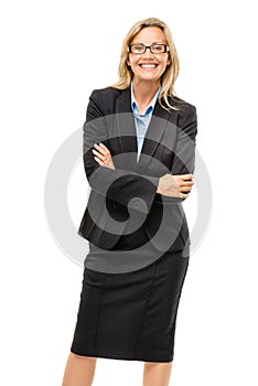 Happy mature business woman arms folded isolated on white background