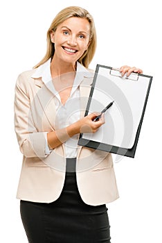 Happy mature business woman holding clipboard isolated on white ba