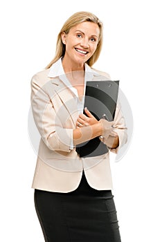 Happy mature businsswoman holding clipboard isolated on white ba