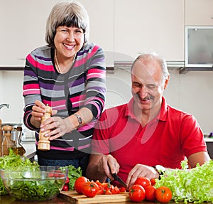 Happy mature couple cooking veggy lunch photo