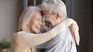 Happy mature couple embracing, laughing husband and wife, banner photo