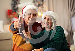 Happy mature couple with glasses of champagne. Christmas celebration