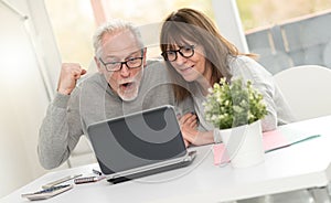 Happy mature couple having a good surprise on laptop