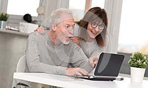 Happy mature couple having a good surprise on laptop