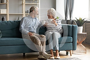 Happy mature couple relax on couch drinking tea