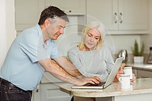 Happy mature couple using laptop