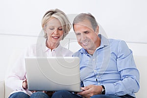 Happy mature couple working on laptop