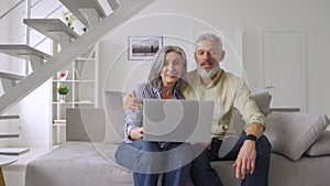 Happy mature old couple waving having virtual meeting on laptop at home.