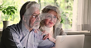 Happy mature older couple using computer applications.