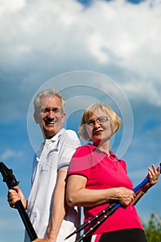 Happy mature or senior couple doing Nordic walking