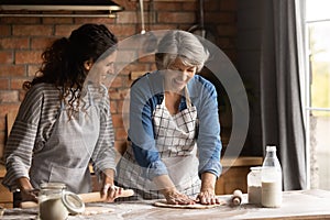 Happy mature woman with grownup daughter cooking, rolling dough