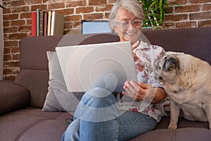 Happy mature woman at home working with laptop, sitting close to her old pug dog