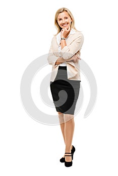 Happy mature woman thinking isolated on white background