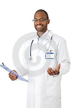 Happy medical specialist with clipboard