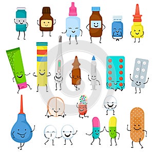 Happy medicine characters emojji vector illustration. Cute medical thermometer, syringe, tablets smile plaster isolated