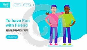 Happy meeting of two friends. Website or landing page. Multicultural friendship concept illustration. Vector