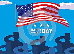 happy memorial day card with flag usa and silhouette of militaries