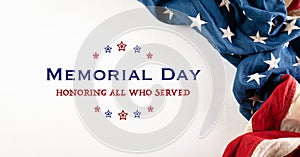 Happy memorial day concept made from american flag and the text on white wooden background