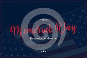 Happy Memorial Day. Greeting card with USA flag on blue background. National American holiday event. Flat vector illustration