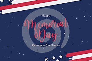 Happy Memorial Day. Greeting card with USA flag on blue background. National American holiday event. Flat vector illustration