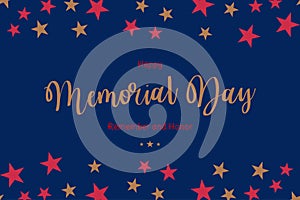 Happy Memorial Day. Greeting card with USA flag on blue background. National American holiday event. Flat vector illustration