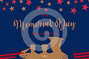 Happy Memorial Day. Greeting card with USA flag on blue background. National American holiday event. Flat vector illustration