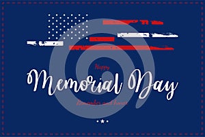 Happy Memorial Day. Greeting card with USA flag on blue background. National American holiday event. Flat vector illustration