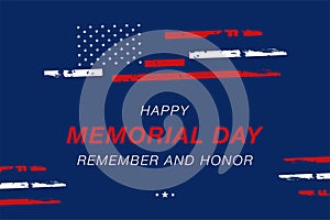 Happy Memorial Day. Greeting card with USA flag on blue background. National American holiday event. Flat vector illustration