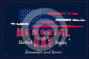 Happy Memorial Day. Greeting card with USA flag and map on the blue background. National American holiday event. Flat vector