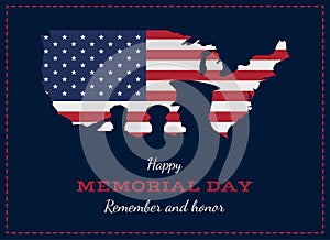 Happy memorial day. Greeting card with USA flag, map and soldier. National American holiday event. Flat Vector illustration EPS10