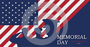 Happy Memorial Day. Greeting card with USA flag and silhouette soldiers on background. National American holiday event. Flat