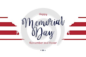 Happy Memorial Day. Greeting card with USA flag on white background. National American holiday event. Flat vector illustration