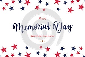 Happy Memorial Day. Greeting card with USA flag on white background. National American holiday event. Flat vector illustration