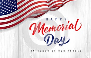 Happy Memorial Day lettering with flag USA on wooden boards