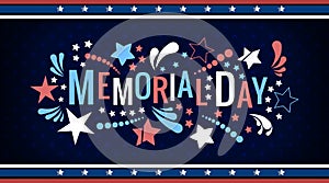 Happy Memorial Day lettering phrase in vector. National american holiday illustration with color stars and abstract