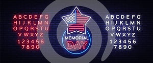 Happy Memorial Day neon sign. Neon signboard greeting card, light banner, night sign advertising celebration Memorial