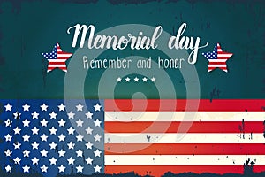 Happy Memorial Day poster. National american holiday illustration with american flag. Hand made lettering. Banner, flyer, brochure