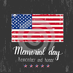 Happy Memorial Day poster. National american holiday illustration with american flag. Hand made lettering. Banner, flyer, brochure