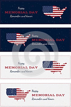 Happy memorial day with USA map. Set Vintage retro greeting card with flag and old-style texture. National American holiday event.
