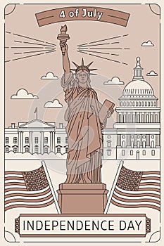 Happy memorial day. Vector illustrated greeting card with star White House, Congress building and USA flag. National