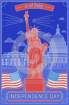 Happy memorial day. Vector illustrated greeting card with star White House, Statue of Liberty and USA flag. National