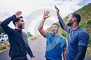 Happy, men and friends high five for fitness, workout and running outdoor with a smile. Exercise, training and sports